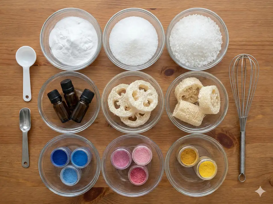 Bath bomb ingredients laid out: baking soda, citric acid, cornstarch, Epsom salt, oils, and loofah pieces