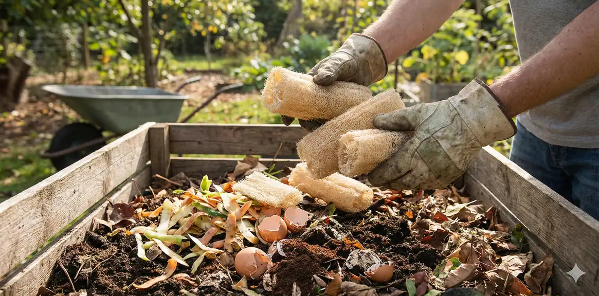 Adding used loofah scraps to compost bin