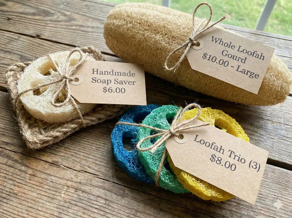 Price tags and labels on loofah craft products