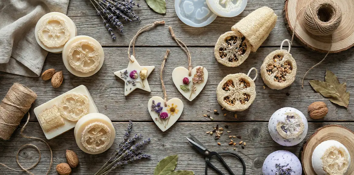 Assorted loofah craft projects displayed on rustic wooden table with natural materials