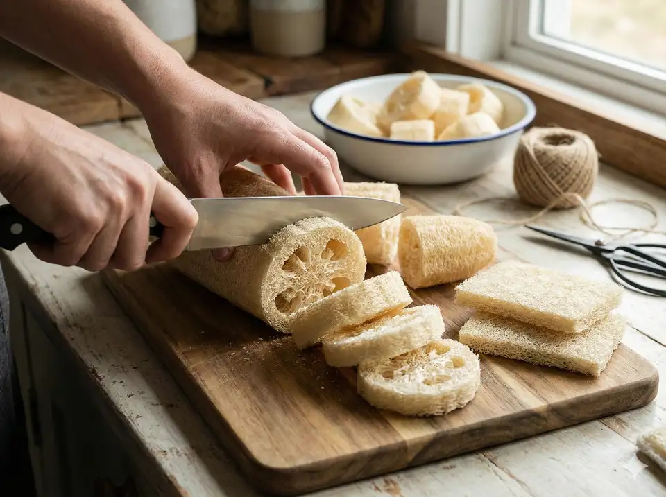 Cutting loofah into various scrubber sizes