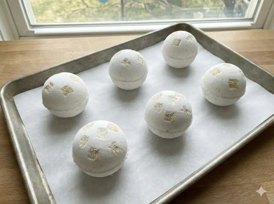 Bath bombs drying on a wire rack for 24-48 hours