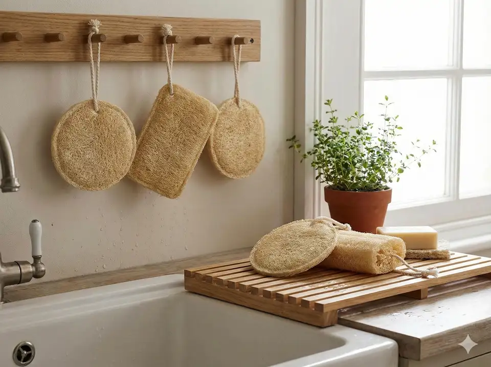 Loofah scrubbers drying on kitchen drying rack