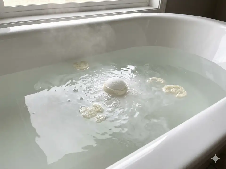 Loofah bath bomb fizzing in bath water releasing embedded loofah piece