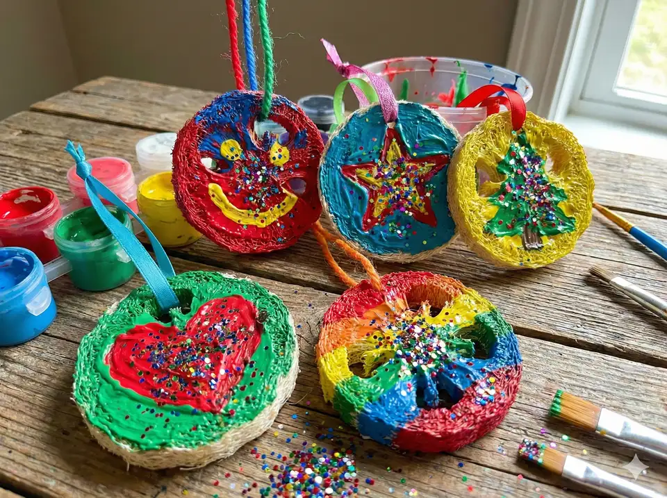 Colorful child-friendly loofah ornaments with simple painted designs and glitter made by kids