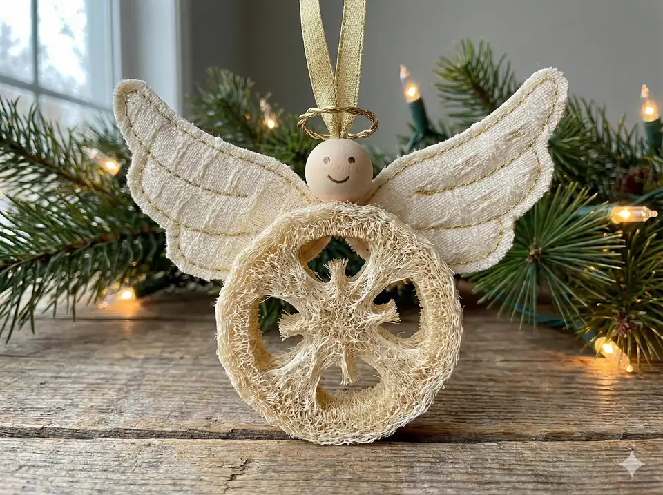 Adorable angel made from loofah slice with paper or fabric wings, gold halo, and ribbon