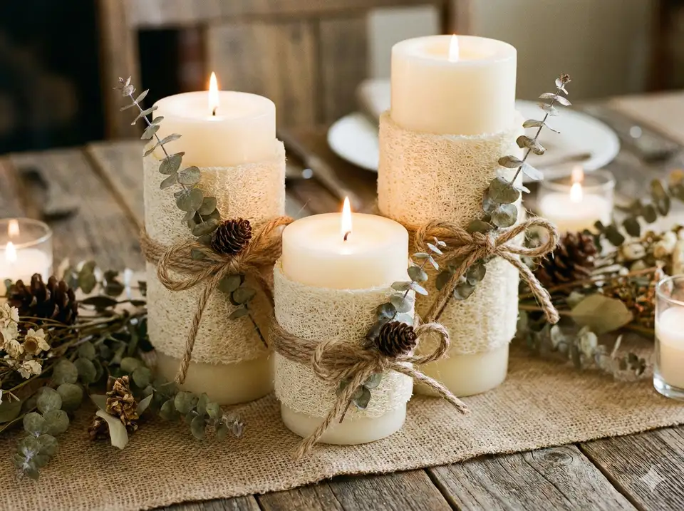 Pillar candles wrapped with loofah sections and twine