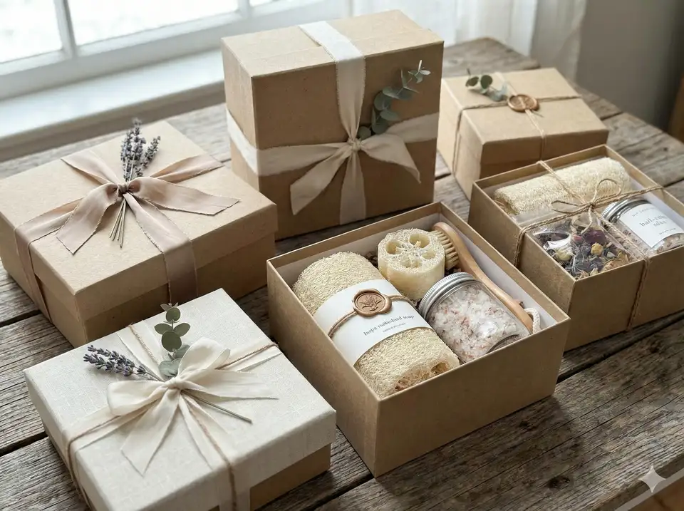 Elegant gift boxes containing loofah soap sets, bath products, or craft kits with ribbon and natural packaging