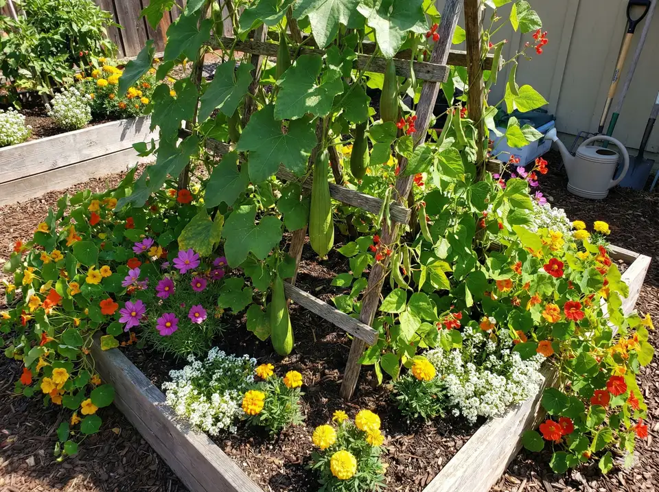 Loofah planted with companion plants in guild arrangement