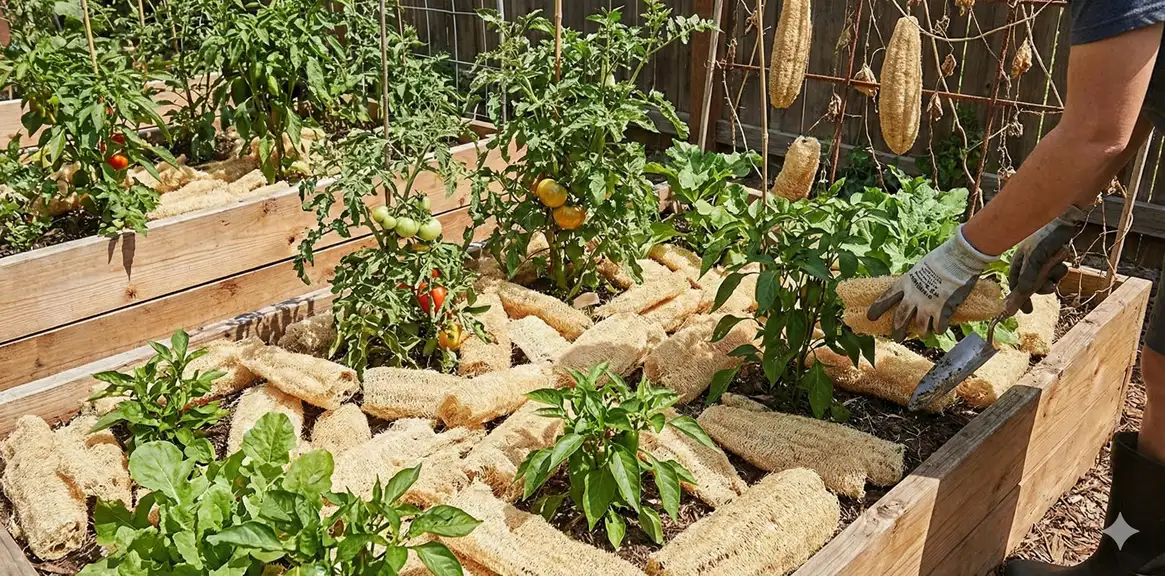Garden beds mulched with processed loofah material