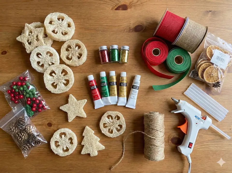 Flat lay of loofah slices, acrylic paints, glitter, ribbon, twine, hot glue gun, and decorative embellishments