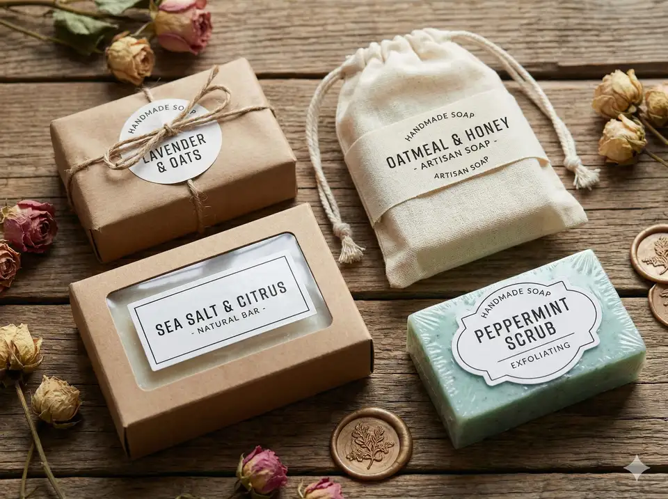 Various packaging styles - kraft paper wrapping, muslin bags, boxes, shrink wrap with professional labels