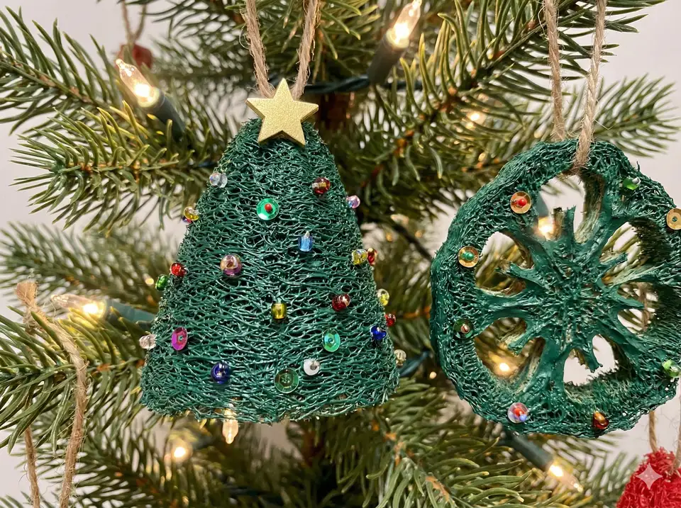 Loofah slice or cone shaped as tree painted green with tiny ornament decorations and star