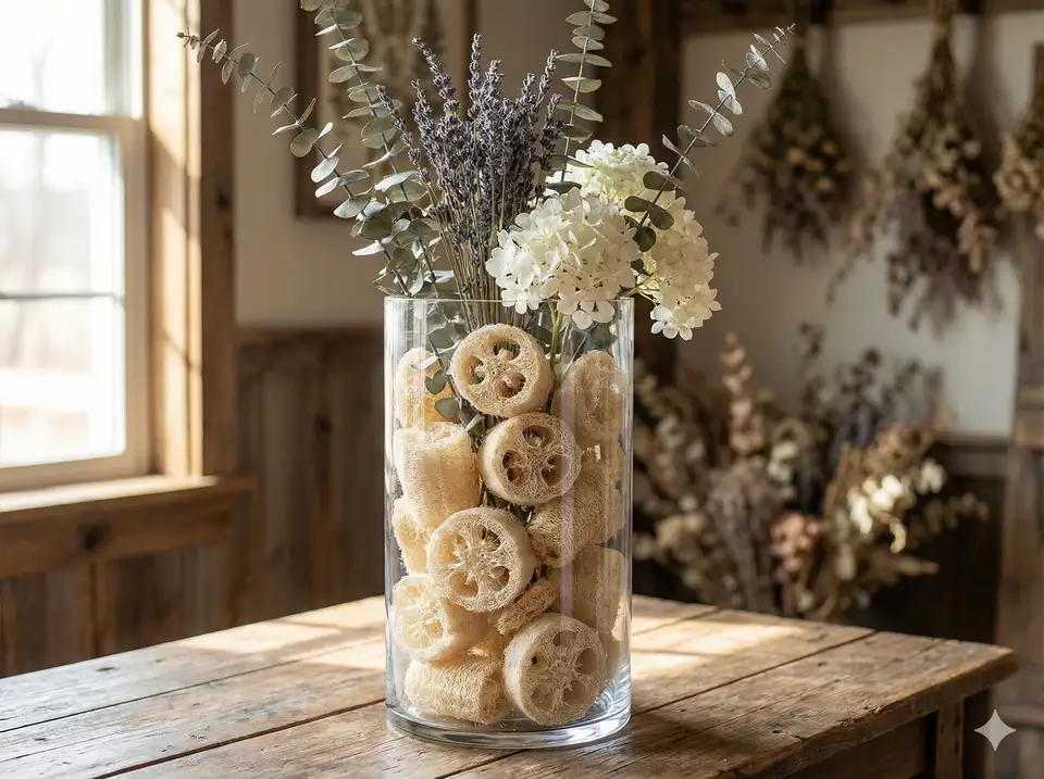 Glass vase filled with decorative loofah pieces and branches