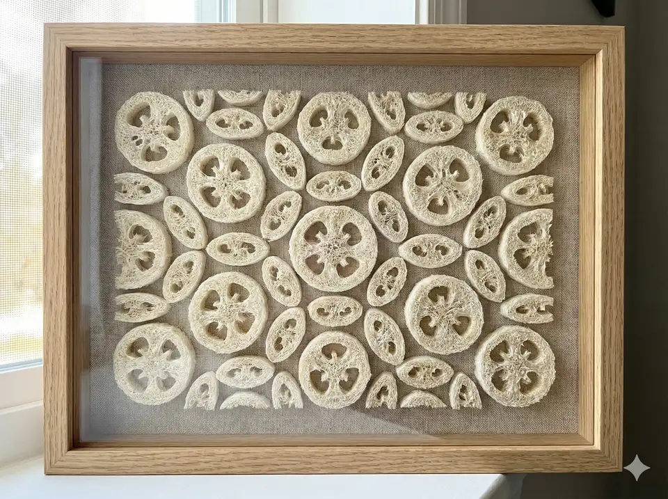 Framed loofah cross-sections as natural wall art