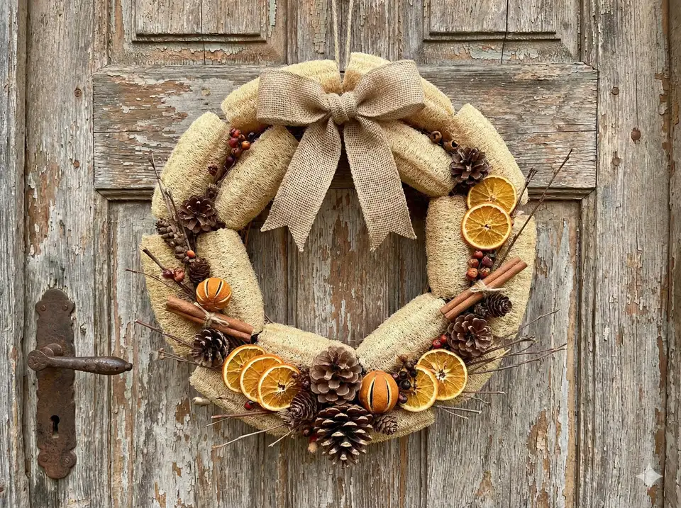 Full loofah wreath hanging on front door with seasonal decorations