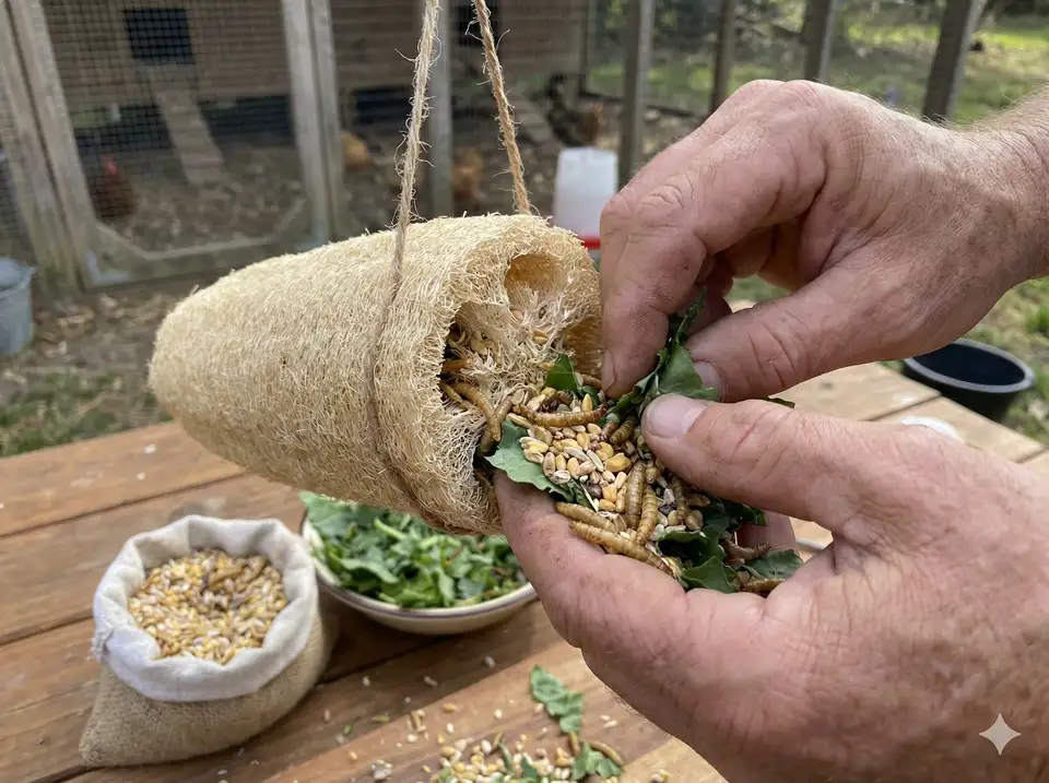 Filling loofah with chicken treats and hanging in coop