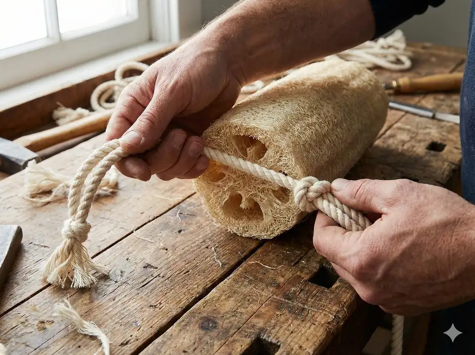 Threading rope through loofah to create dog toy