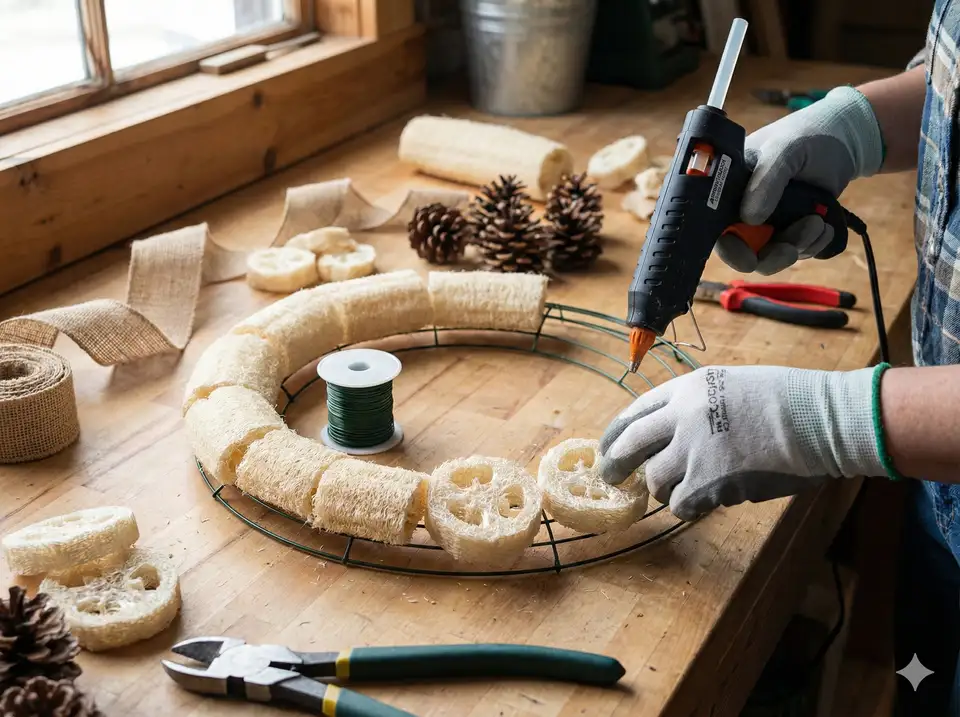Attaching loofah pieces to wire wreath form