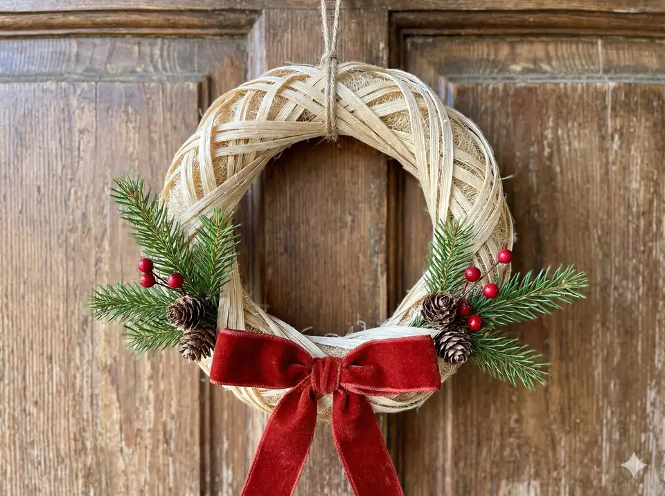 Small decorative wreath created from thin loofah strips with red bow and greenery accents