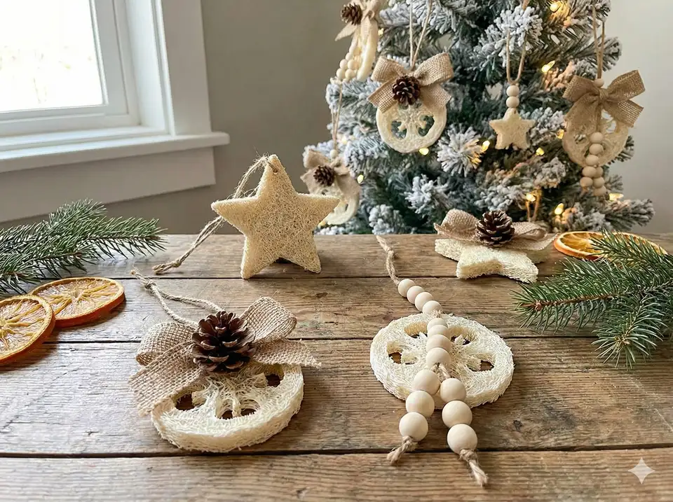 Farmhouse-style ornaments using natural loofah with pinecones, burlap, and wooden bead accents