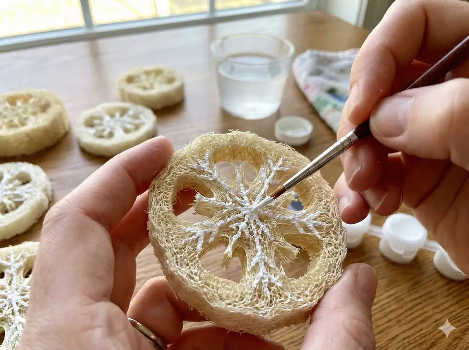 Hand using small paintbrush to add white paint to loofah slice creating snowflake pattern