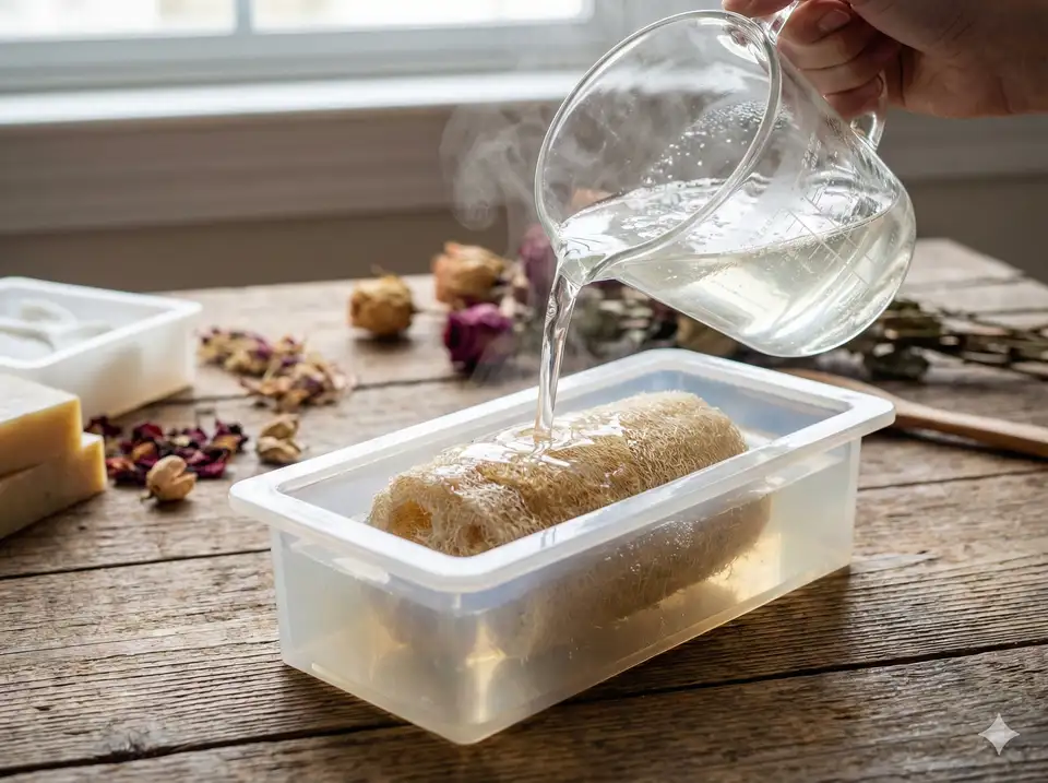 Action shot of pouring clear or white soap base over loofah in mold, showing soap beginning to saturate fibers