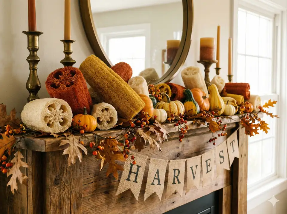 Fall-themed loofah decorations with pumpkins and leaves