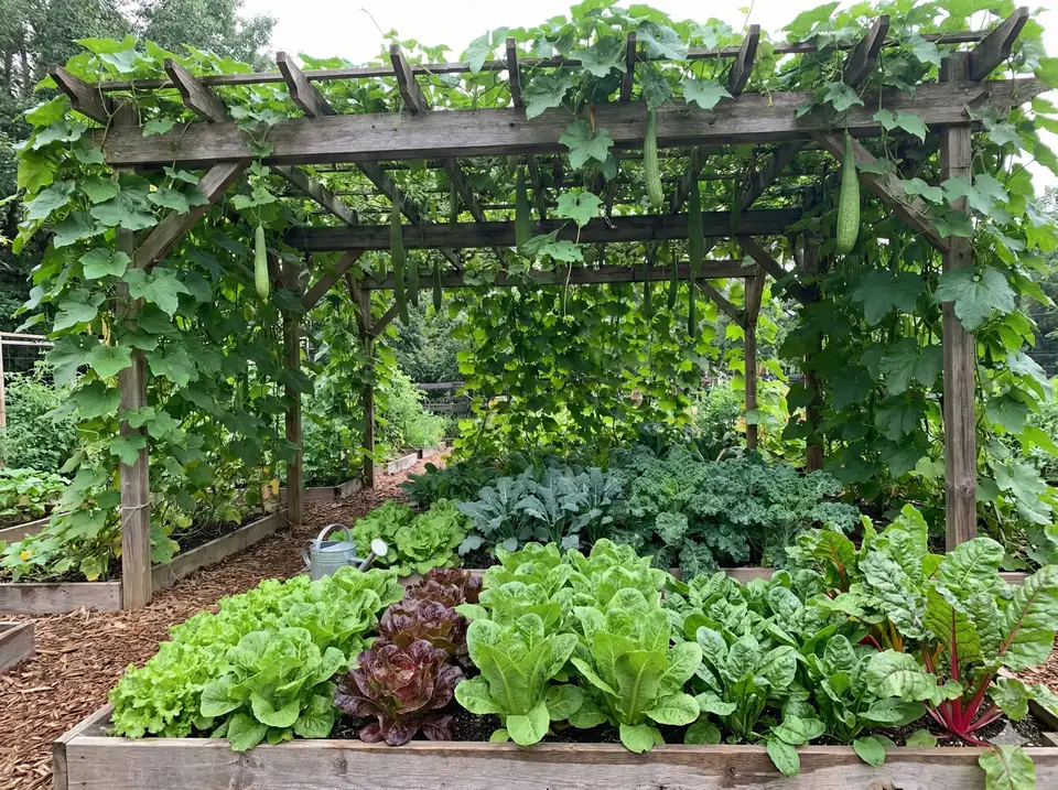 Vegetables growing in dappled shade under loofah vines