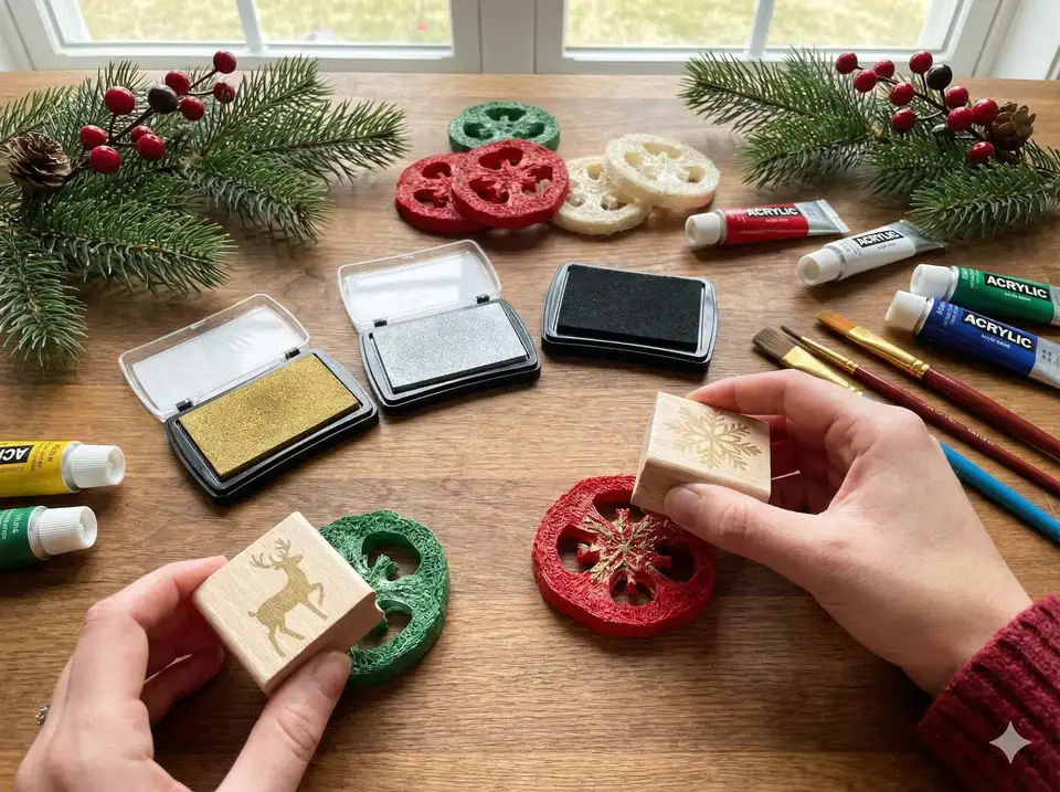 Holiday-themed rubber stamps being pressed onto painted loofah slices with ink pads nearby