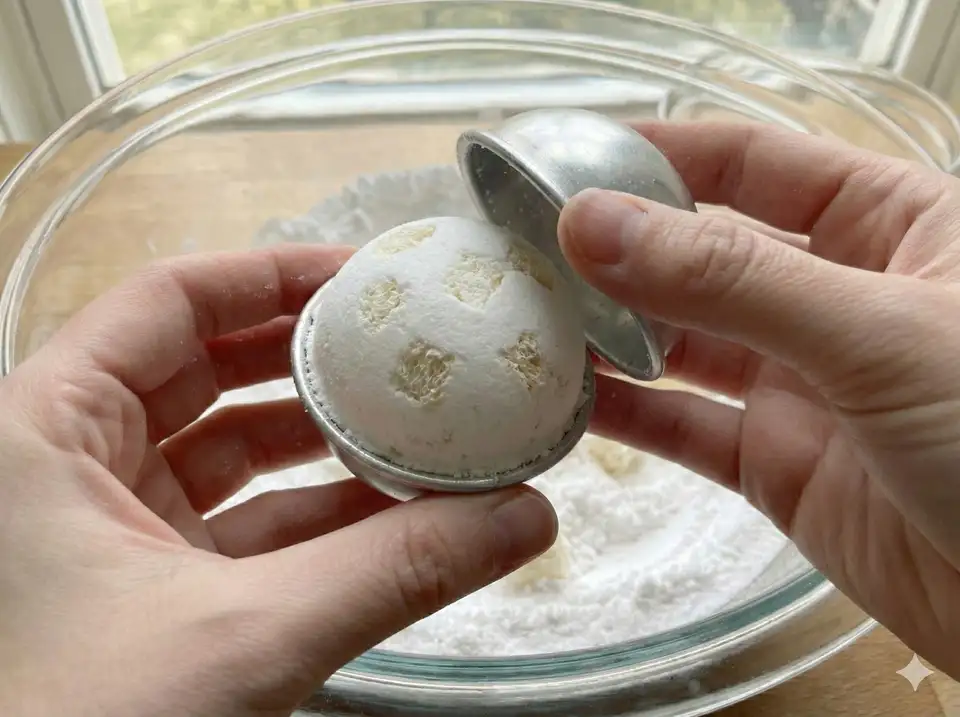 Carefully unmolding freshly made bath bombs onto parchment paper