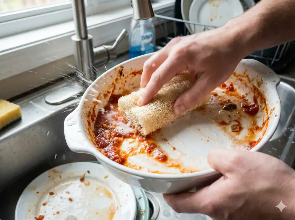Scrubbing baked-on food from baking dish with loofah