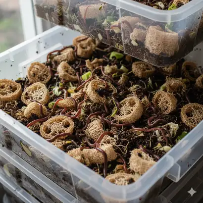 Worms processing loofah in vermicompost bin