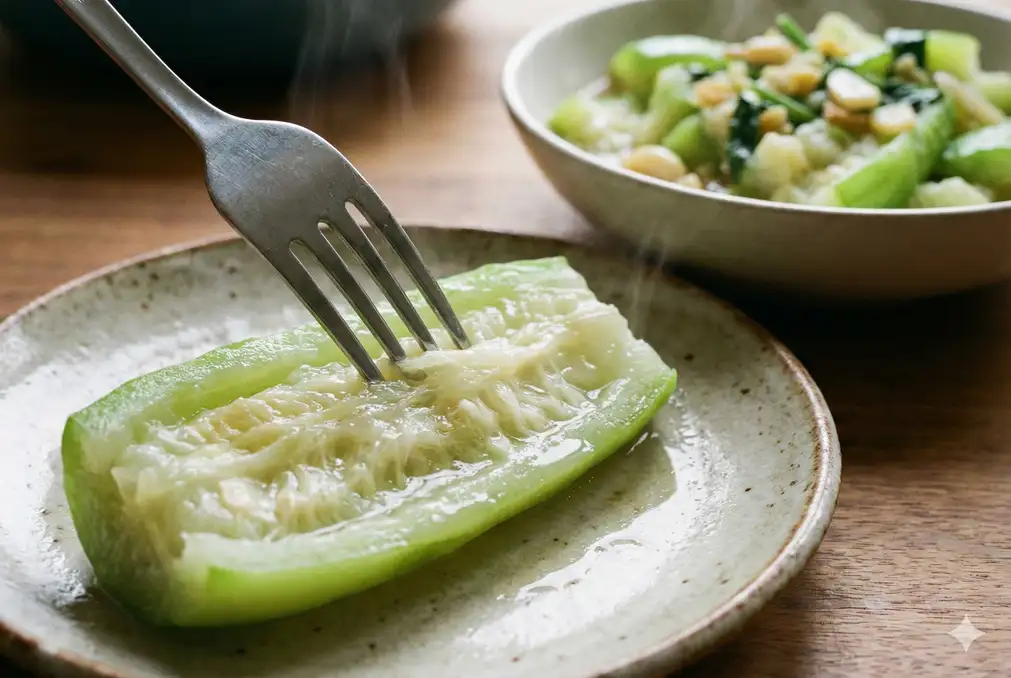 Fork piercing cooked luffa showing tender texture