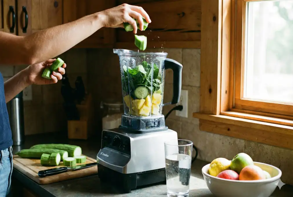 Luffa pieces being added to blender for juicing