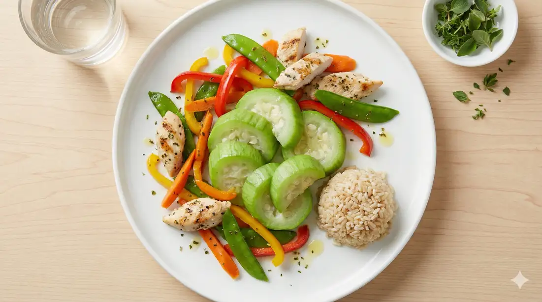 Luffa-based low-calorie meal beautifully plated on white dish