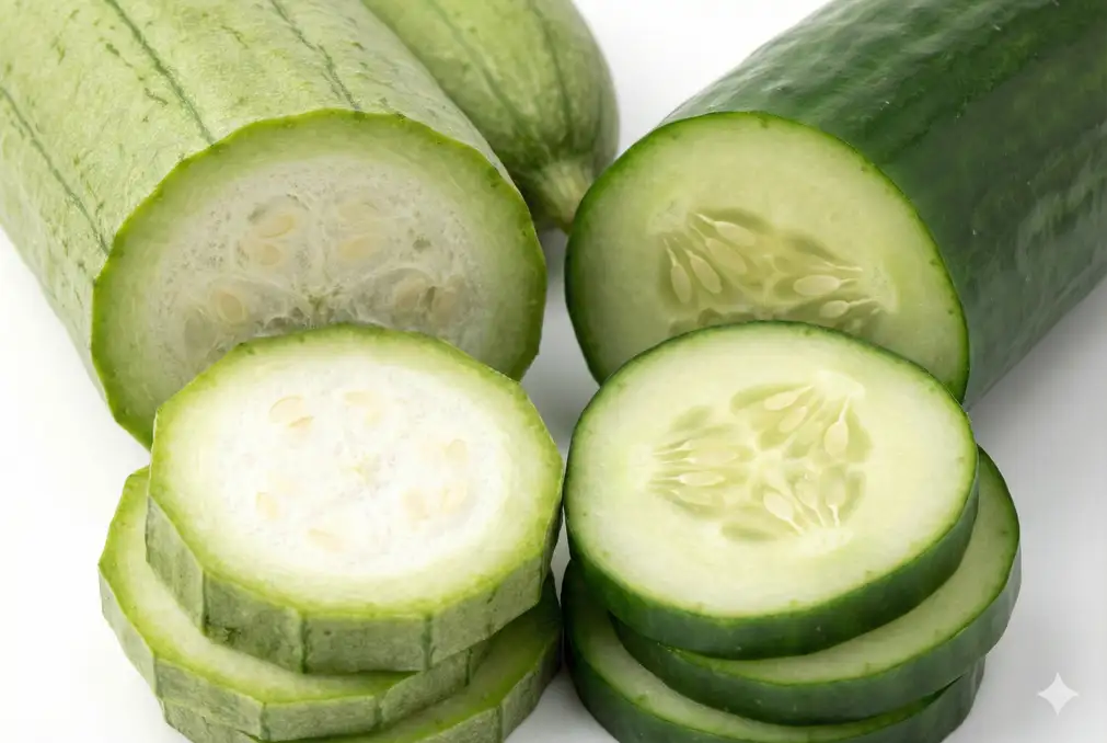 Luffa and cucumber side by side showing similar appearance