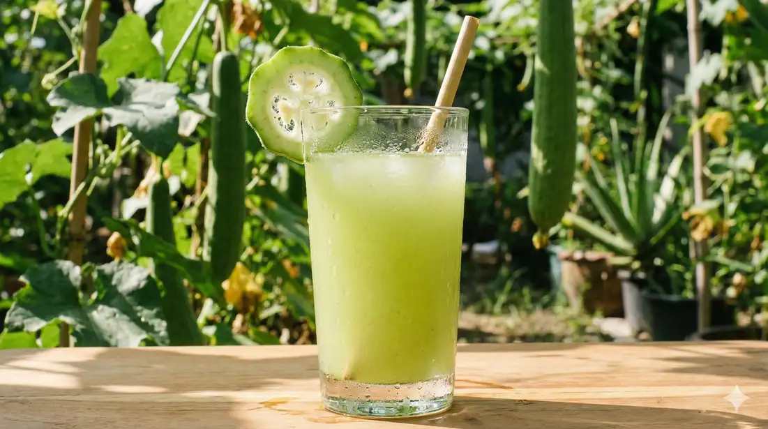Fresh green luffa juice in clear glass with straw