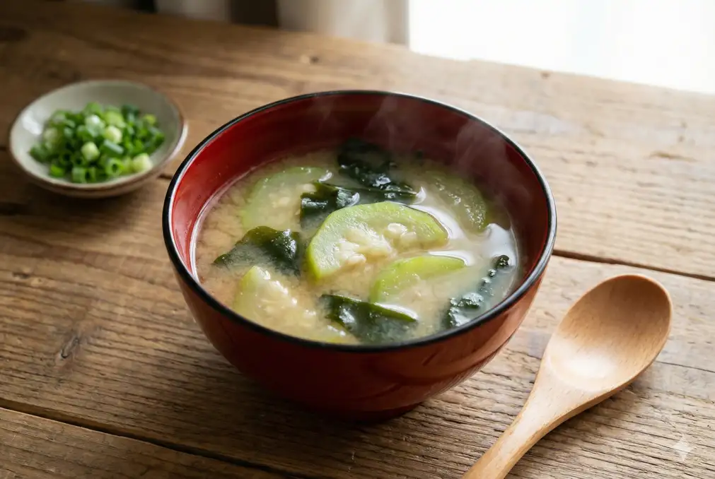 Japanese-style miso soup with luffa and wakame seaweed