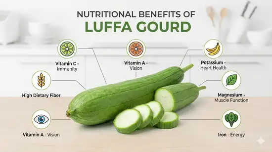Fresh luffa with nutrition facts overlay infographic style