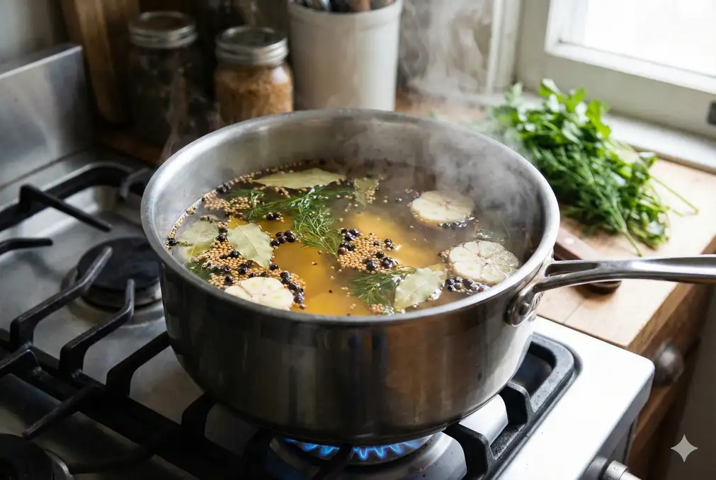 Pot with pickling brine and spices being prepared on stove