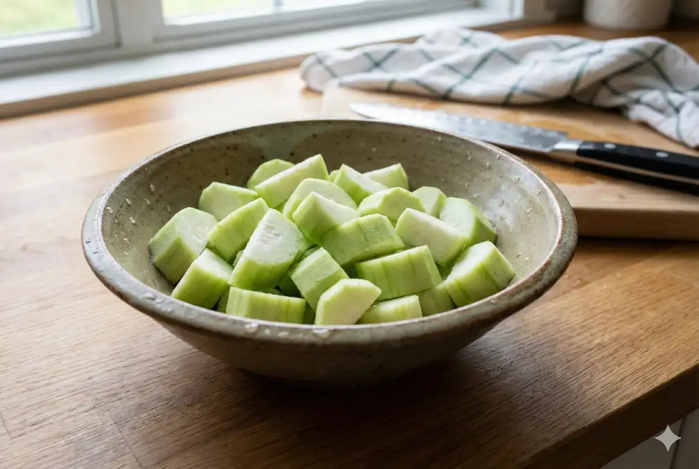 Prepared luffa pieces in bowl ready for cooking