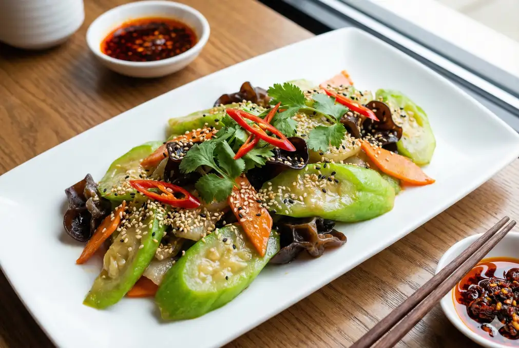 Luffa stir-fry plated with sesame seeds cilantro and red chili garnish