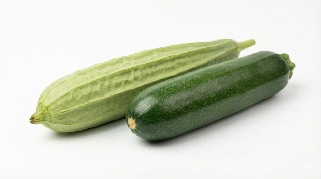 Whole luffa gourd and whole zucchini side by side on white