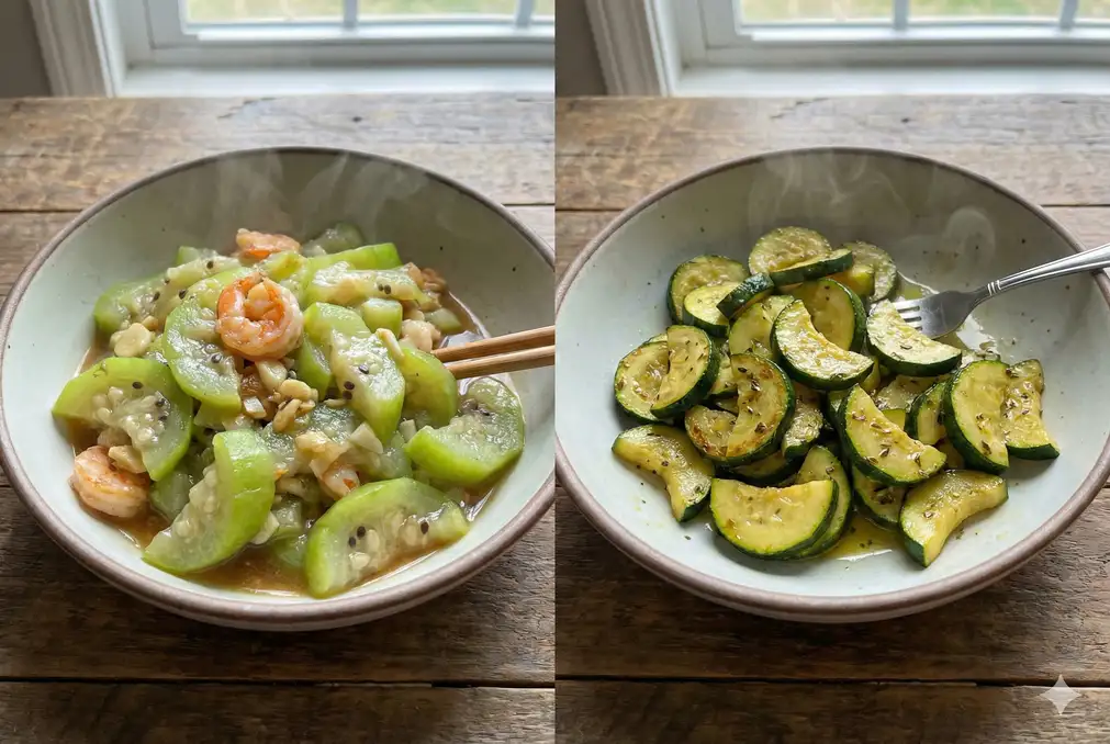 Cooked luffa versus cooked zucchini showing texture differences