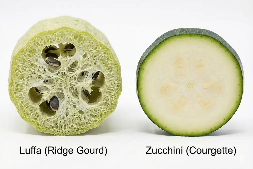 Luffa and zucchini both sliced showing interior differences