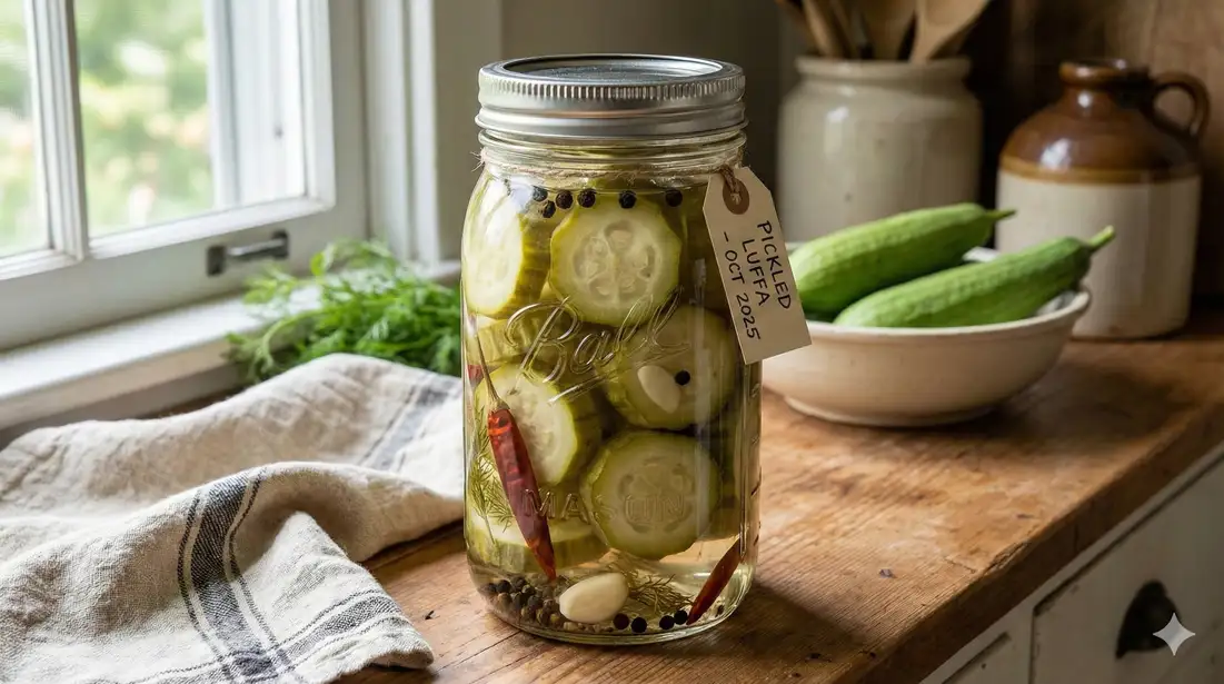 Glass jar of pickled young luffa with brine and spices