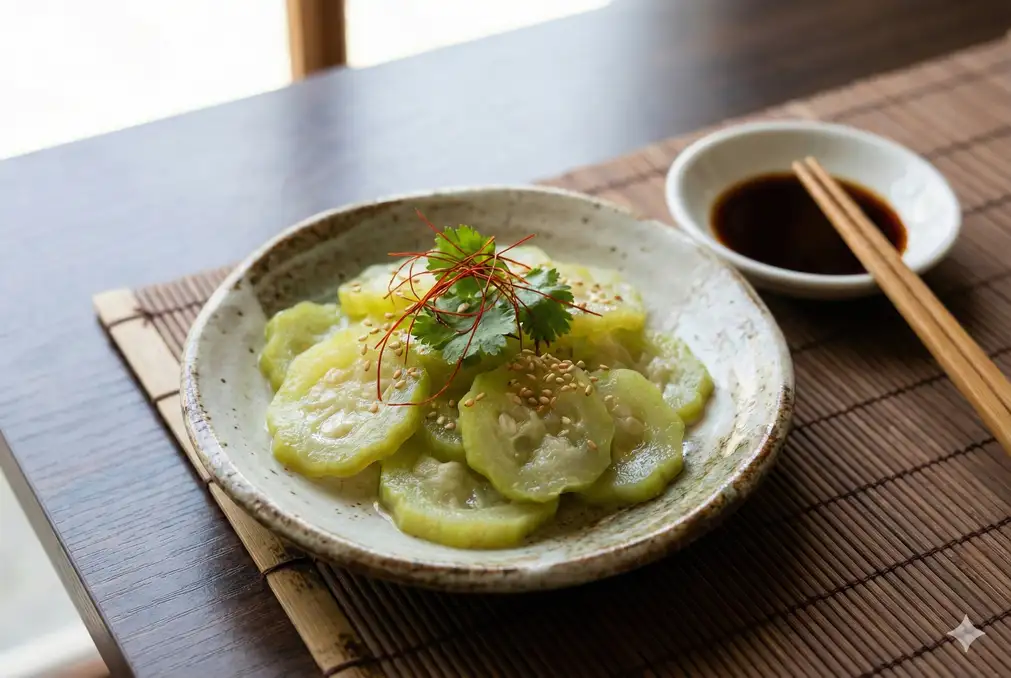 Pickled luffa slices served on small plate as appetizer