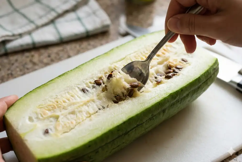 Small spoon scooping out seeds from halved luffa gourd