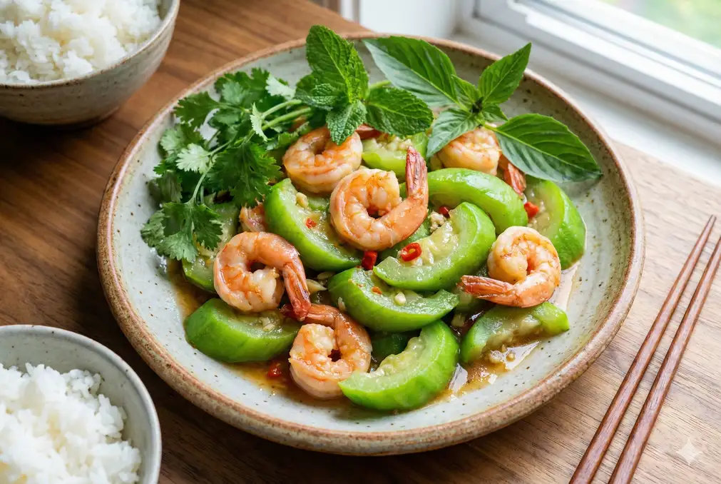 Vietnamese-style luffa stir-fried with shrimp and garlic